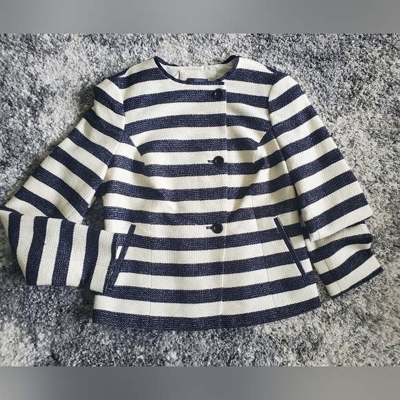 The Limited Navy And Cream Stripe Jacket / Blazer Size Small Tweed Cotton - Picture 3 of 8